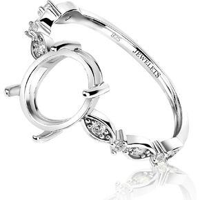 925 Sterling Silver Ring Blank for 8x10 mm Oval Faceted Stone – Rhodium Plated Prong Setting with Ornate CZ Side Accents – DIY Fine Jewelry Ring Base for Custom Gemstone Rings in Saudi Arabia