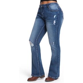 Women's Mid Rise Bootcut Jeans, Stretch Denim Pants, Ripped Distressed Jeans for Women Casual Daily Wear in Saudi Arabia
