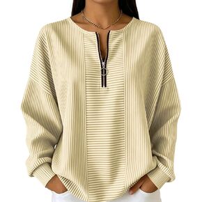 Women's Striped Half Zip Pullover Casual Long Sleeve Oversized Sweatshirt with Crew Neck and Drop Shoulder in Kuwait