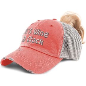 Womens Ponytail Cap It's Wine O Clock Wine Cotton Distressed Trucker Hats in Saudi Arabia