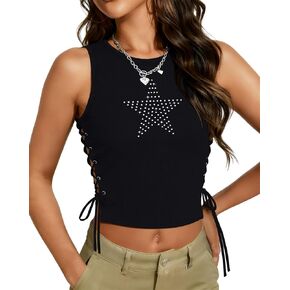 Y2k Tank Top Women Concert Sleeveless Ribbed Lace Up Tops Rhinestones Star Summer Going Out Slim Crop Outfits in Saudi Arabia