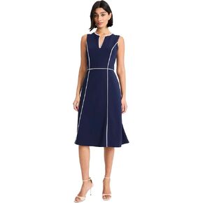 Maggy London - Elegant Navy Sleeveless V-Neck Fit & Flare Midi Dress with Contrast Piping for Wedding Guest & Office - 12 in Kuwait