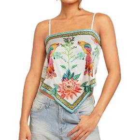 Women Vintage Spaghetti Strap Floral Print Crop Tank Top Casual Sleeveless Backless Asymmetrical Hem Bandana Cami in Saudi Arabia