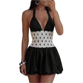 BEAUDRM Women's Polka Dots Halter Mini Dress Y2k Backless Ruffle Party Club Bubble Dresses in Kuwait