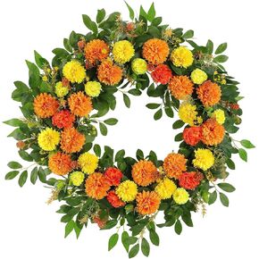 26" Large Summer Fall Wreath for Front Door, Artificial Orange Yellow Marigold Floral Wreath with Green Leaves, Flower Wreath for Home, Rustic, Farmhouse, Indoor, Outdoor Decor in Saudi Arabia