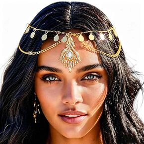 Yonamix Boho Head Chain Gold Sequin Tassel Headpiece for Women | Rhinestone Pendant Hair Accessories in Saudi Arabia