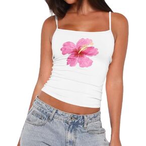 Womens Y2k Summer Flower Graphic Square Neck Crop Cami Shirts Spaghetti Strap Floral Tank Tops Hawaii Beach Outfits in Saudi Arabia
