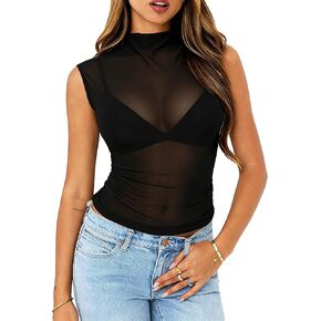 Women Sheer Mesh Mock Neck Tank Tops Sleeveless Turtleneck See Through Mesh Shirt Sexy Going Out Tops in Saudi Arabia