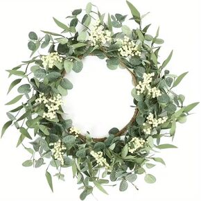 1pc 16-Inch Eucalyptus Wreath with White Flowers - Classic Farmhouse Style, Durable Plastic, No Electricity Needed, Perfect for Doorways (Green) in Kuwait