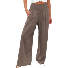 Women's Linen Palazzo Pants Summer Boho Smocked-Waist Wide Leg Pant with Pockets Casual Loose Beach Vacation Outfits in Kuwait