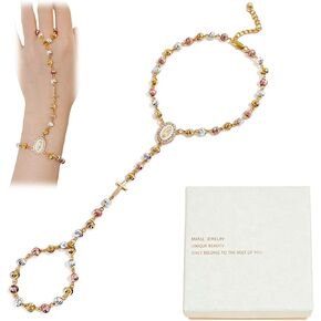 Ring Bracelet Hand Chain, Colorful Virgin Mary Rosary Beaded Chain, Cross Pendant Religious Jewelry With Pink White Box, Catholic Presents For Women in Saudi Arabia