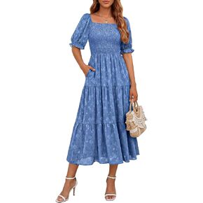 DRESSTELLS Women 2026 Summer Midi Casual Floral Wedding Guest Square Neck Smocked A Line Flowy Boho Dress with Pockets in Saudi Arabia
