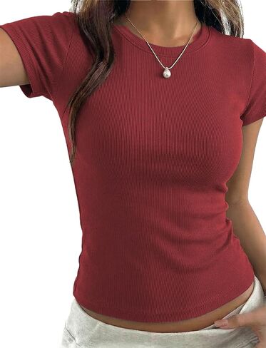 Women’s Ribbed Short Sleeve Tops Crewneck Slim Fit T Shirts for Women Basic Fitted Tee Casual Summer Top in Saudi Arabia