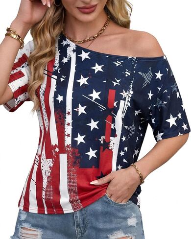 KIDDAD American Flag Off The Shoulder Tops for Women Patriotic 4th of July Graphic Shirts 250 Years Short Sleeve Tees in Kuwait
