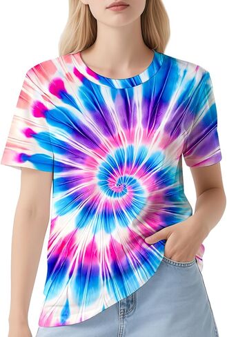 DMPROD Women's Tie Dye Shirt Short Sleeve Hippies Senior Casual Summer Tees T Shirts for Women in Saudi Arabia