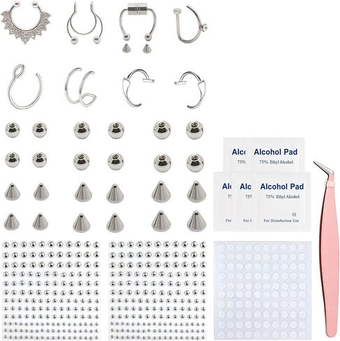 Fake Piercing Body Jewelry, Eyebrow Ring Fake Lip Labret Studs Replacement Balls Spike with Face Gems, y2k Accessories Nose Stick on Silver Belly Button Sticker for Women Men in Saudi Arabia