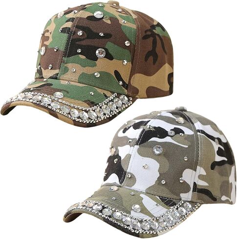 2 Pcs Camouflage Rhinestone Baseball Hats Bling Army Military Baseball Cap Camo Tactical Cap for Outdoor Activities in Saudi Arabia