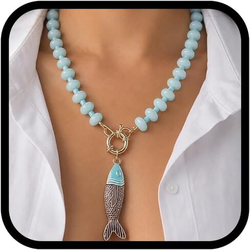Chunky Acrylic Beaded Fish Pendant Necklace for Women, Boho Big Disc Resin Bead Chain Colorful Enamel Surf Fish Charm Statement Choker Lightweight Adjustable Summer Beach Jewelry Gift in Saudi Arabia