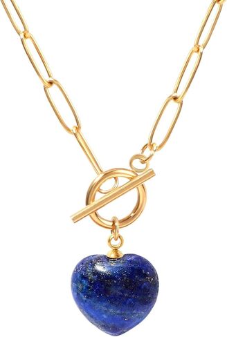 Natural Stone Gold Paperclip Chain Toggle Necklace Dainty Size Heart/Round Teardrop Gemstone Paper Clip Chain Necklace Birthstone Jewelry Gift for Women in Saudi Arabia