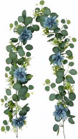 Artificial Eucalyptus Garland with Blue Flowers, 5.9 Ft Faux Greenery Vine for Mantle Wedding Table Decoration, Hanging Green Leaf Swag for Indoor Outdoor in Saudi Arabia