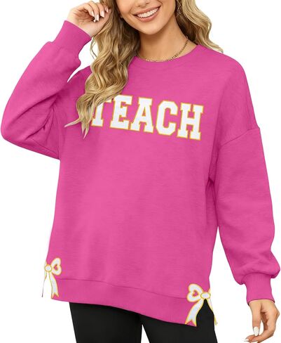 Ithalt Teacher Sweatshirt for Women Teach Graphic Long Sleeve Teachers Tops with Embroidered Side Slits Teacher Gifts in Saudi Arabia