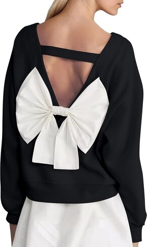 Ythomm Women Crewneck Bow-back Sweatshirt V Cutout Back Long Sleeve Fleece Pullover Tops Fall Cute Aesthetic Sweatshirts in Kuwait