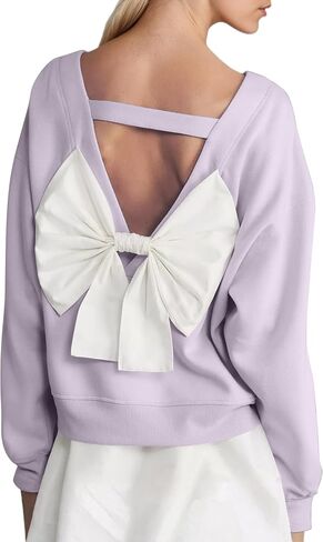 Ythomm Women Crewneck Bow-back Sweatshirt V Cutout Back Long Sleeve Fleece Pullover Tops Fall Cute Aesthetic Sweatshirts in Kuwait