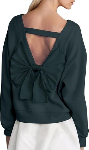 Ythomm Women Crewneck Bow-back Sweatshirt V Cutout Back Long Sleeve Fleece Pullover Tops Fall Cute Aesthetic Sweatshirts in Kuwait