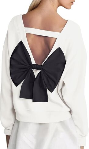 Ythomm Women Crewneck Bow-back Sweatshirt V Cutout Back Long Sleeve Fleece Pullover Tops Fall Cute Aesthetic Sweatshirts in Kuwait