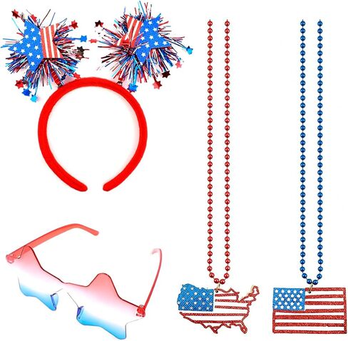 4 Pcs 4th of July Costume Accessories, Red White and Blue Headbands Glasses Necklacks for Women Men for Independence Day Party Outfit in Saudi Arabia