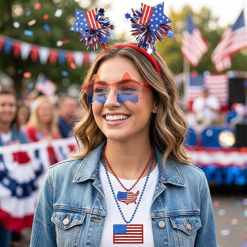 4 Pcs 4th of July Costume Accessories, Red White and Blue Headbands Glasses Necklacks for Women Men for Independence Day Party Outfit in Saudi Arabia