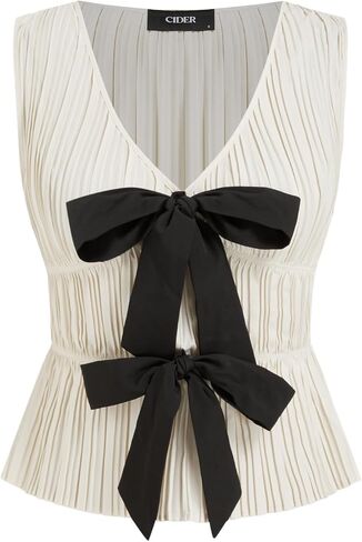 CIDER Bow Tie Front Tops Women Sleeveless Pleated Deep V Neck Tank Tops Going Out Casual Blouse Cute Trendy Shirts in Kuwait