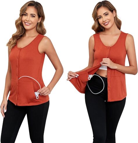 Mastectomy Shirts with Drain Pockets Button Front Tank Tops Breast Cancer Shirt for Women Post Mastectomy Must Haves in Saudi Arabia
