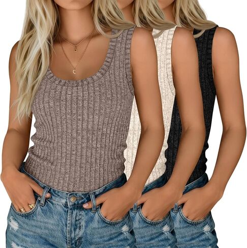 3 Pack Women's Ribbed Knit Tank Tops Scoop Neck Sleeveless Slim Fit Shirts Summer Basic Trendy Sweater Vest in Saudi Arabia