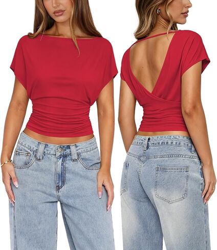 Womens Open Back Tops for Women Ruched Cinched Waist Top Boat Neck Short Sleeve Backless Shirt Summer Going Out Outfits in Saudi Arabia