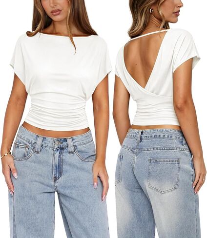 Womens Open Back Tops for Women Ruched Cinched Waist Top Boat Neck Short Sleeve Backless Shirt Summer Going Out Outfits in Kuwait