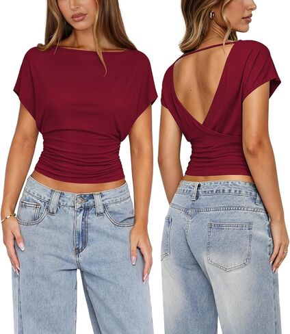 Womens Open Back Tops for Women Ruched Cinched Waist Top Boat Neck Short Sleeve Backless Shirt Summer Going Out Outfits in Kuwait