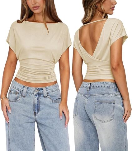 Womens Open Back Tops for Women Ruched Cinched Waist Top Boat Neck Short Sleeve Backless Shirt Summer Going Out Outfits in Kuwait