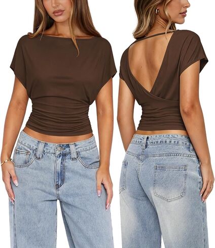 Womens Open Back Tops for Women Ruched Cinched Waist Top Boat Neck Short Sleeve Backless Shirt Summer Going Out Outfits in Kuwait