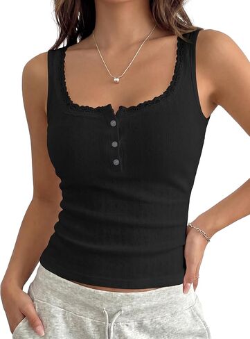 Women Sleeveless Button Up Lace Trim Crop Tank Tops Fitted Scoop Neck Pointelle Henley Y2k Cami Cute Summer Outfits in Saudi Arabia