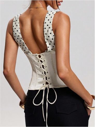 SweatyRocks Women's Polka Dots Satin Bustier Corset Top Y2K Deep V Neck Lace Up Going Out Tank Tops in Kuwait