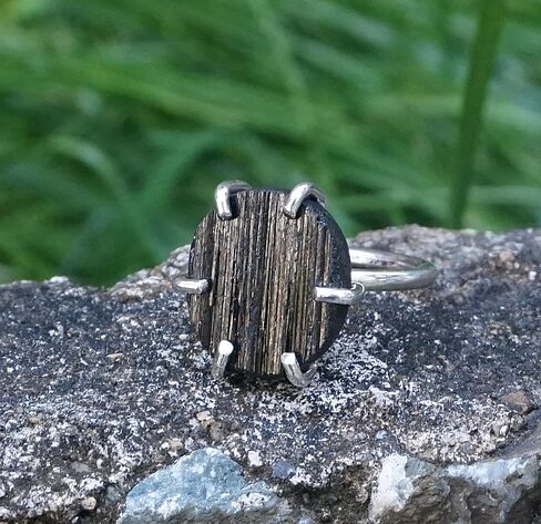 Handmade Oval Raw Black Tourmaline Solid Sterling Silver Statement Ring Size 7 - Natural Protection Stone - October Birthstone, RB4 in Saudi Arabia