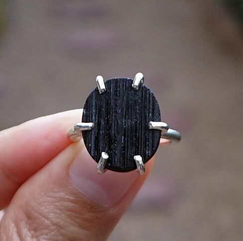 Handmade Oval Raw Black Tourmaline Solid Sterling Silver Statement Ring Size 7 - Natural Protection Stone - October Birthstone, RB4 in Saudi Arabia