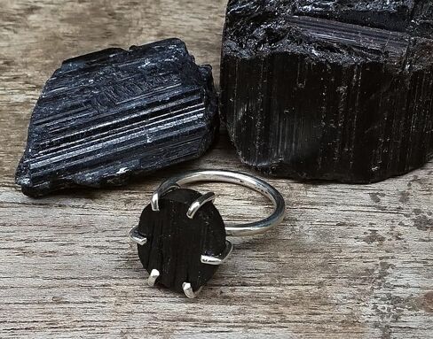 Handmade Oval Raw Black Tourmaline Solid Sterling Silver Statement Ring Size 7 - Natural Protection Stone - October Birthstone, RB4 in Saudi Arabia