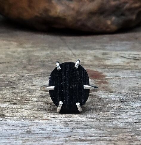 Handmade Oval Raw Black Tourmaline Solid Sterling Silver Statement Ring Size 7 - Natural Protection Stone - October Birthstone, RB4 in Saudi Arabia