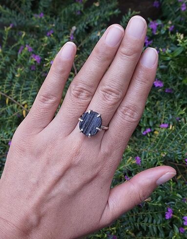 Handmade Oval Raw Black Tourmaline Solid Sterling Silver Statement Ring Size 7 - Natural Protection Stone - October Birthstone, RB4 in Saudi Arabia