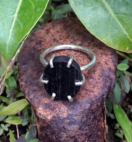 Handmade Oval Raw Black Tourmaline Solid Sterling Silver Statement Ring Size 7 - Natural Protection Stone - October Birthstone, RB4 in Saudi Arabia