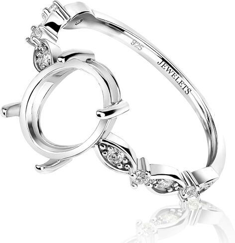925 Sterling Silver Ring Blank for 8x10 mm Oval Faceted Stone – Rhodium Plated Prong Setting with Ornate CZ Side Accents – DIY Fine Jewelry Ring Base for Custom Gemstone Rings in Saudi Arabia