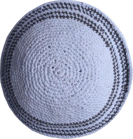 Holy Land Market White/Grey Lines 17cm DMC 100% Knitted Cotton Kippah Torah Chabad Yarmulke in Kuwait