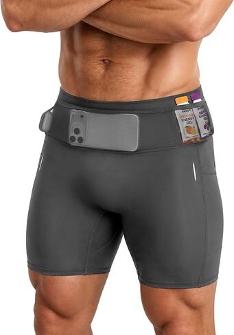 Men's Running Shorts with 6 Pockets, Non-Slip Waistband Compression Shorts, Secure Phone & Bottle Biker Workout in Saudi Arabia
